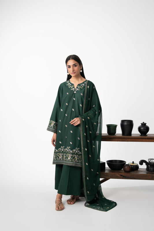 GREEN ZUMAR 3PC COTTON EMBROIDERED SUIT