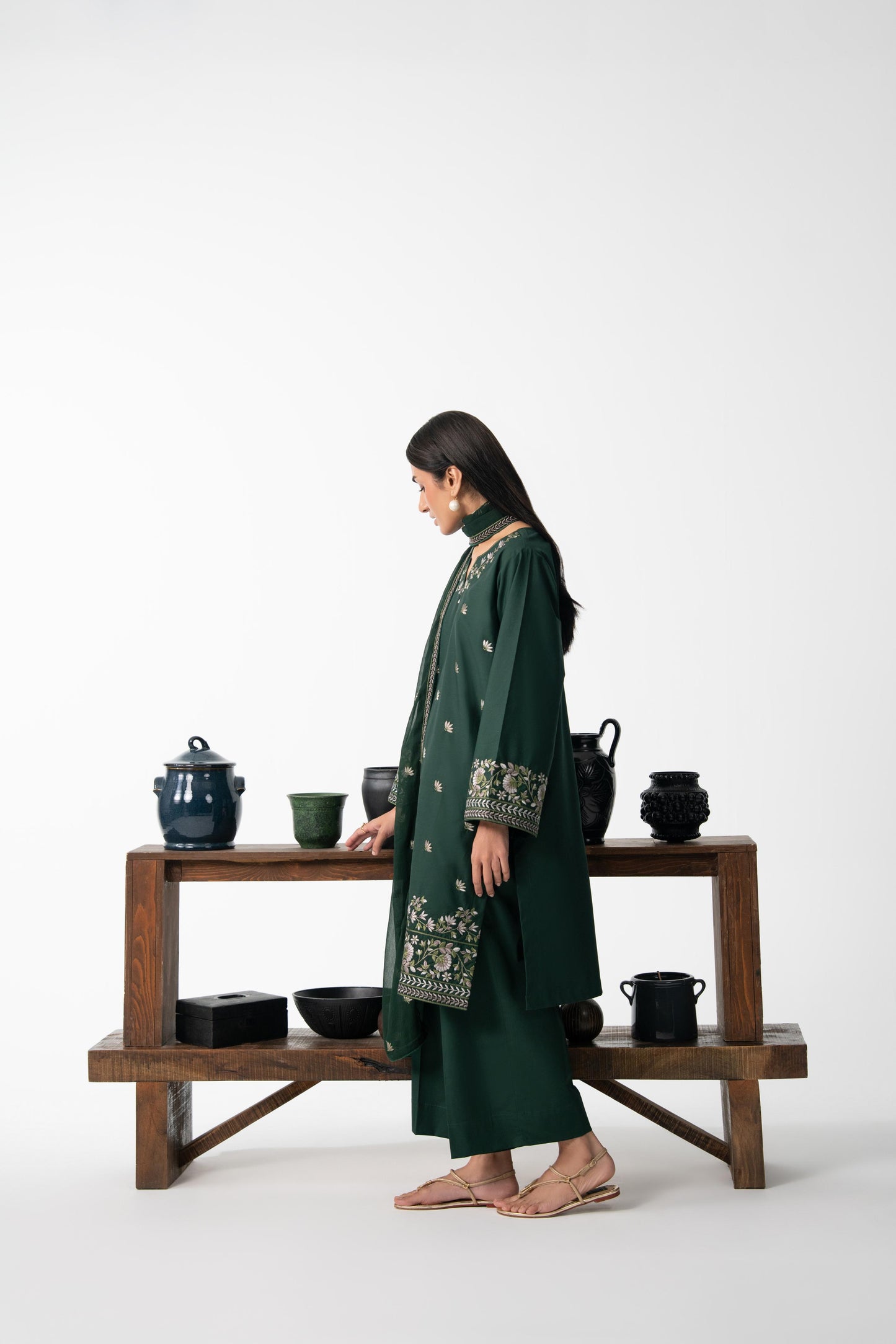 GREEN ZUMAR 3PC COTTON EMBROIDERED SUIT