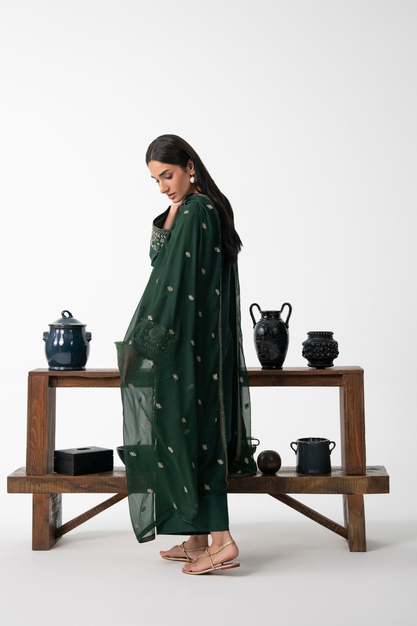 GREEN ZUMAR 3PC COTTON EMBROIDERED SUIT